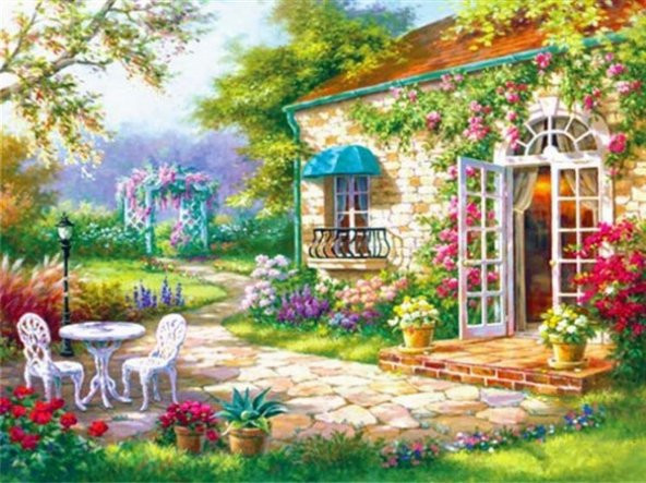 Movas Sanat Yazlık Bir Ev Ve Ferforje Takımlar | Elmas Mozaik Puzzle | 60x45 | E20201441M