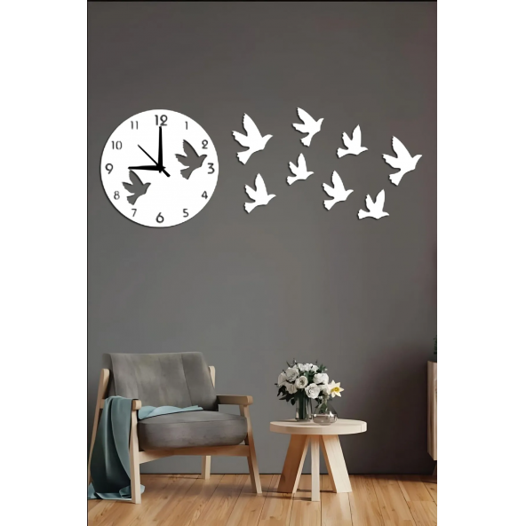 Kuş Tasarımlı Dekoratif Ahşap Duvar Saati