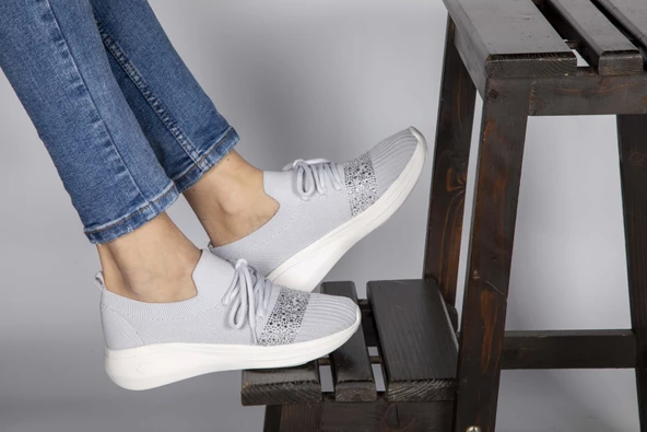 Basskan Sta Gri Taşlı Günlük Triko Yürüyüş Ayakkabısı - Resim 2