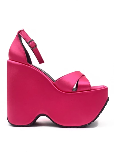 Basskan Kadın Fuşya Moff Saten Yüksek Dolgu Taban Platform Çapraz Bant Sandalet - 2