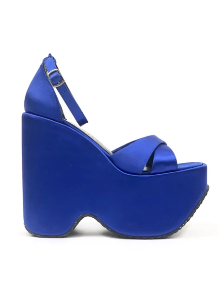 Basskan Kadın Mavi Moff Saten Yüksek Dolgu Taban Platform Çapraz Bant Sandalet - 2