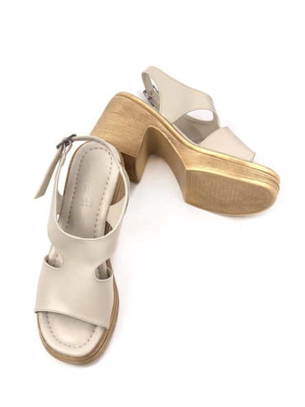 Basskan Kadın Lende Bej Yüksek Topuk Ortopedik Taban Sandalet - Resim 3