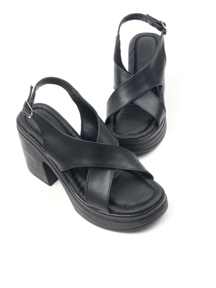 Basskan Kadın Sence Siyah Ortopedik Taban Yüksek Topuk Platform Sandalet - 3