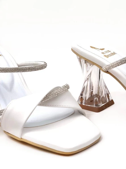 Basskan Kadın Beyaz Nomye Tek Bant Çift Taşlı Şeffaf Burgu Topuk Terlik - Resim 3