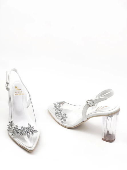 Basskan Kadın Beyaz Miss Şeffaf Topuk 10 Cm Yaprak Taşlı Arkası Açık Bilekten Bağlamalı Ayakkabı - Resim 3