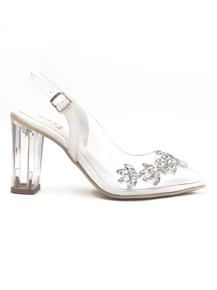 Basskan Kadın Beyaz Miss Şeffaf Topuk 10 Cm Yaprak Taşlı Arkası Açık Bilekten Bağlamalı Ayakkabı - Resim 2