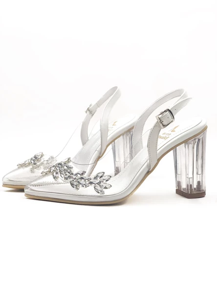 Basskan Kadın Beyaz Miss Şeffaf Topuk 10 Cm Yaprak Taşlı Arkası Açık Bilekten Bağlamalı Ayakkabı ürün görseli 1