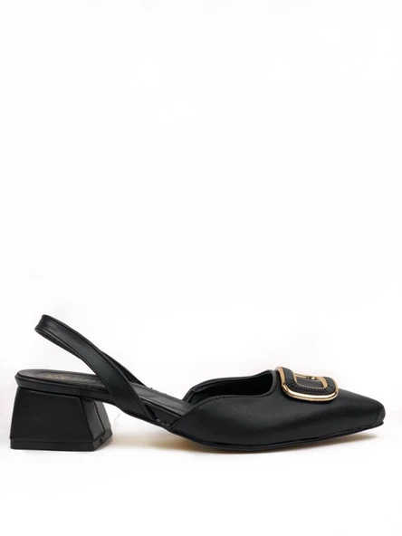 Basskan Kadın Kare Siyah Alçak Topuk Arkası Açık Kare Tokalı Sandalet Terlik - 2