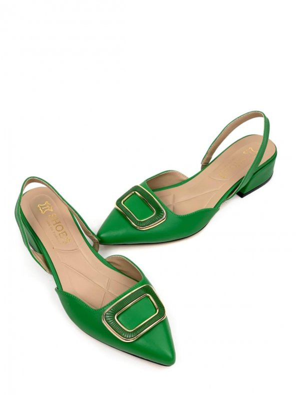 Basskan Kadın Kare Yeşil Alçak Topuk Arkası Açık Kare Tokalı Sandalet Terlik