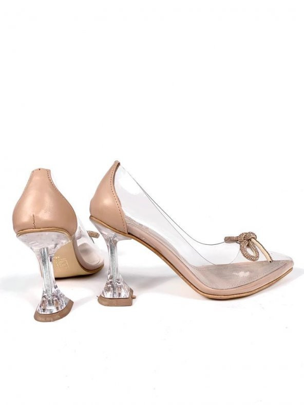 Basskan Kadın Nut Kull Şampanya Kadeh Topuk Fiyonk Taş Detaylı Şeffaf Ayakkabı