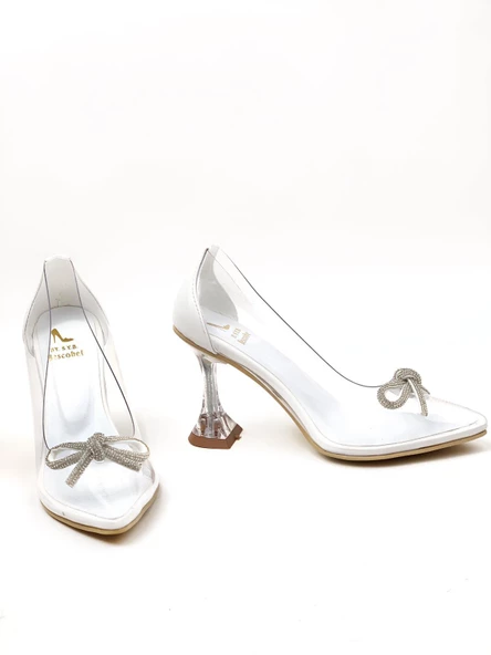 Basskan Kadın Beyaz Kull Şampanya Kadeh Topuk Fiyonk Taş Detaylı Şeffaf Ayakkabı - Resim 3