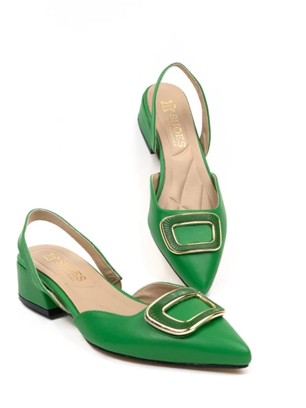 Basskan Kadın Kare Yeşil Alçak Topuk Arkası Açık Kare Tokalı Sandalet Terlik - 3