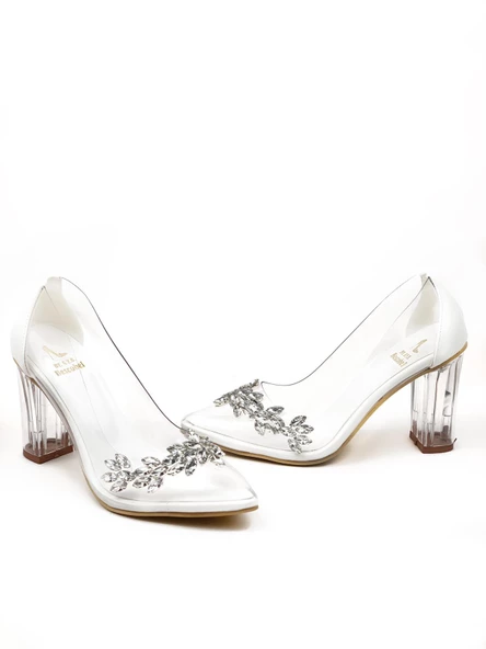 Basskan Kadın Beyaz Tunn Şeffaf Topuk Yaprak Taşlı Ayakkabı ürün görseli 1