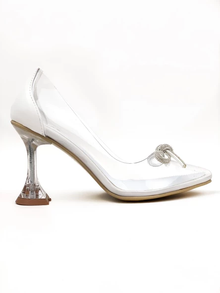 Basskan Kadın Beyaz Kull Şampanya Kadeh Topuk Fiyonk Taş Detaylı Şeffaf Ayakkabı - Resim 2
