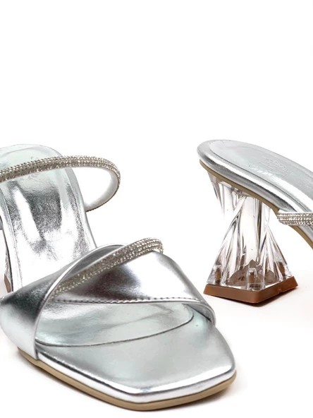 Basskan Kadın Platin Nomye Tek Bant Çift Taşlı Şeffaf Burgu Topuk Terlik - Resim 3