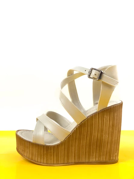 Basskan Kadın Sahy Bej Dolgu Topuk Çapraz Bant Bilekten Bağlama Sandalet - 2