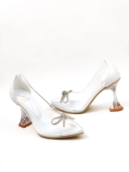 Basskan Kadın Beyaz Kull Şampanya Kadeh Topuk Fiyonk Taş Detaylı Şeffaf Ayakkabı ürün görseli 1