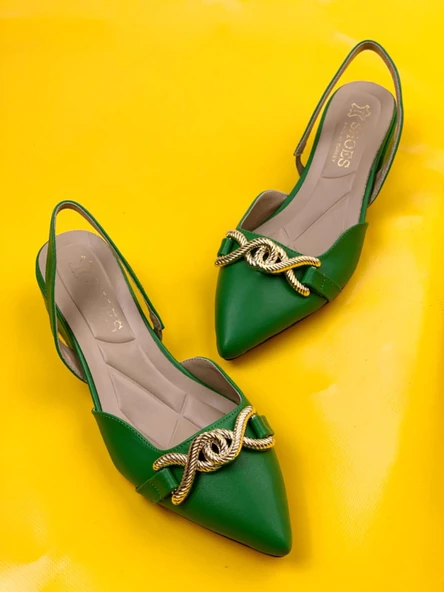 Basskan Bere Yeşil Tokalı Sivri Burun Sandalet Terlik Alçak Topuk - Resim 3