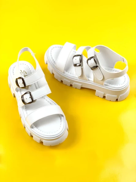 Basskan Mott Beyaz Yüksek Taban Ortopedik Taban Sandalet - Resim 2