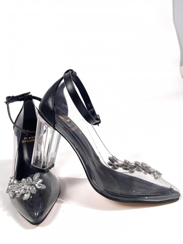 Basskan Kadın Siyah Belpe Şeffaf Topuk 10cm Arkası Kapalı Bilekten Bağlama Yaprak Taşlı Ayakkabı