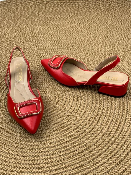 Basskan Kare Kırmızı Alçak Topuk Arkası Açık Kare Tokalı Sandalet Terlik - 3