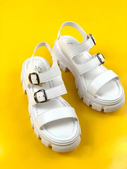 Basskan Mott Beyaz Yüksek Taban Ortopedik Taban Sandalet - Resim 3