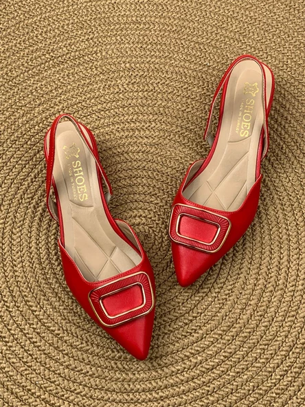 Basskan Kare Kırmızı Alçak Topuk Arkası Açık Kare Tokalı Sandalet Terlik - 2