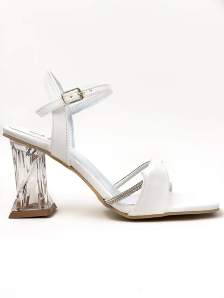 Basskan Kadın Beyaz Koll Burgu Şeffaf Topuk Bilekten Bağlamalı Tekbant Taşlı Sandalet - 2