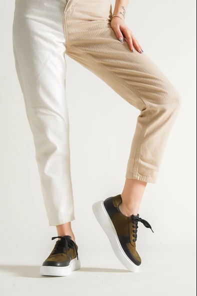 KADIN HAKİ SİYAH BAĞCIKLI SNEAKER GÜNLÜK SPOR AYAKKABI FDN-01 - Resim 2