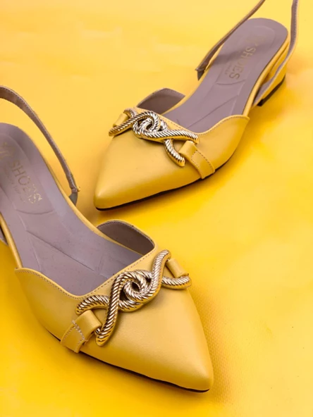 Basskan Bere Sarı Tokalı Sivri Burun Sandalet Terlik Alçak Topuk - Resim 2