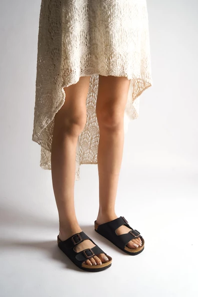 BAYAN SİYAH ÇİFT TOKA NUBUK TERLİK - Resim 2