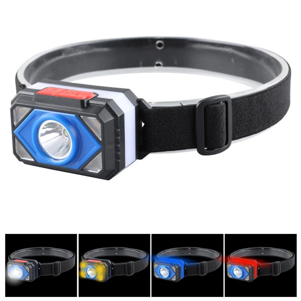 HY-003 Kafa Feneri Şarjlı Cob Led Sarı Mavi Kırmızı Işık - 1