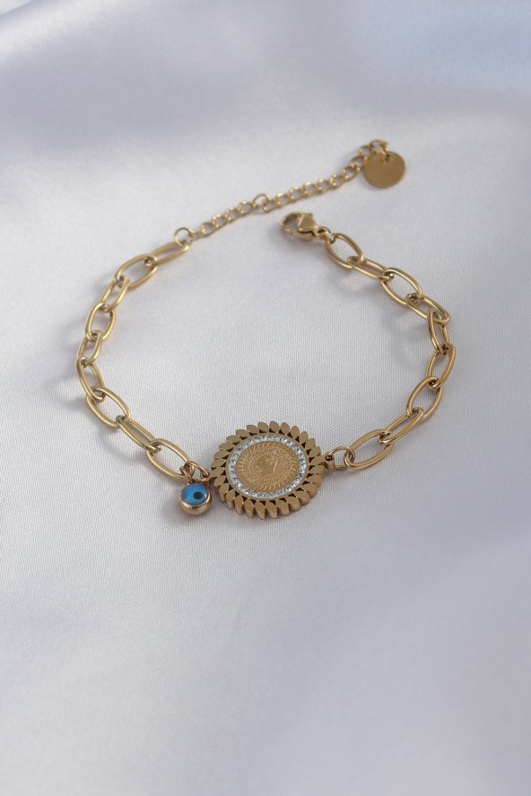 316l Çelik Gold Renk Zincir Model Atatürk İşleme Zirkon Taşlı Kadın Bileklik - Bj-bb5155