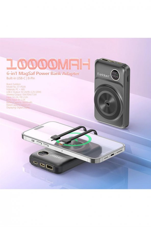 Peeq Earldom PD28 10.000 mAh 22.5W Kablosuz Şarjlı Dijital Göstergeli Pd Hızlı Şarj Powerbank - 2