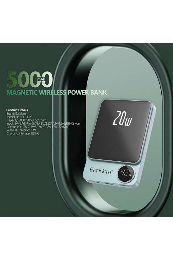 Peeq Earldom PD23 5.000 mAh 20W Kablosuz Şarjlı Pd Hızlı Şarj Magsafe Premium Mini Powerbank - 5