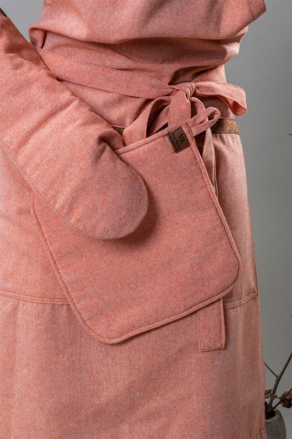 Vivamaison Pamuk Turuncu Aşçı, Garson, Mutfak Önlüğü, Isıya Dayanıklı Fırın Eldiveni ve Tutacak Seti - 2