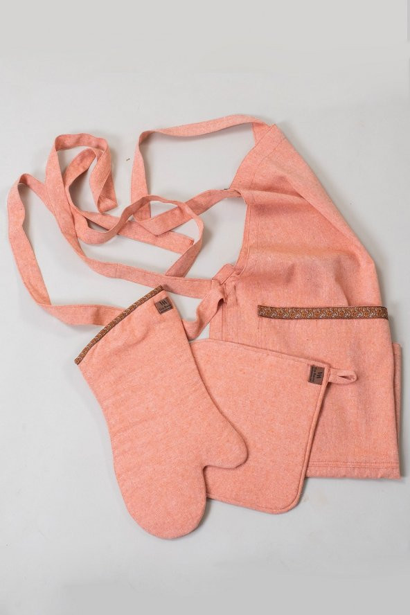 Vivamaison Pamuk Turuncu Aşçı, Garson, Mutfak Önlüğü, Isıya Dayanıklı Fırın Eldiveni ve Tutacak Seti - 4