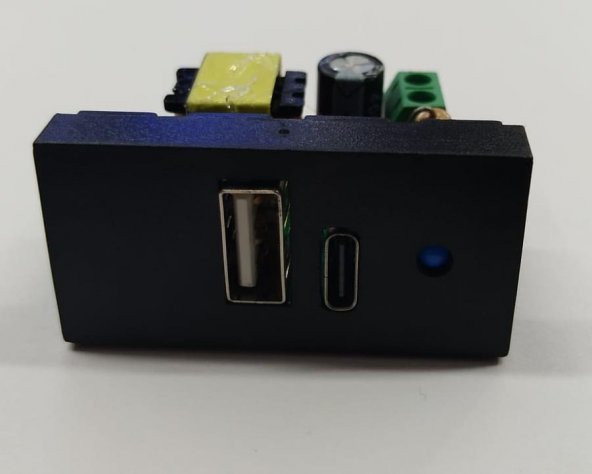 22.5x45 5 Volt 2 Amper USB+Type-C İkili Şarj Modülü - Siyah