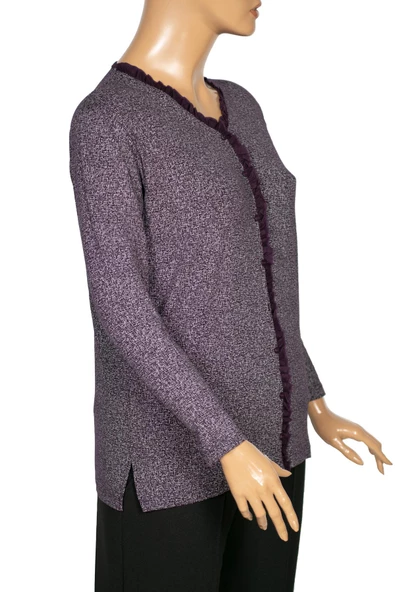 Cimariva Kadın Ülkü Büyük Beden Fırfırlı Kırçıllı Mürdüm Bluz - 3