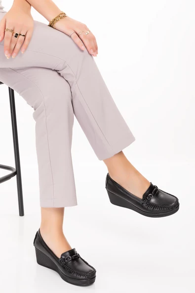 Artı-Artı001-14508 Hakiki Deri Ortopedik  Kadın Bağsız Siyah Roc Ayakkabı - Resim 2