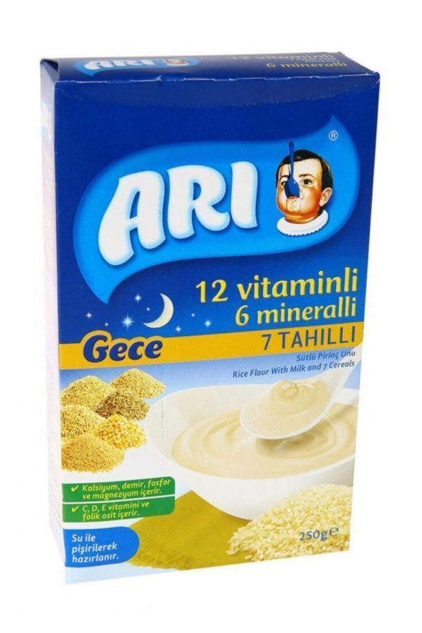 Arı Mama 12 Vitaminli 6 Mineralli Sütlü 7 Tahıllı Pirinçli Gece 250 gr