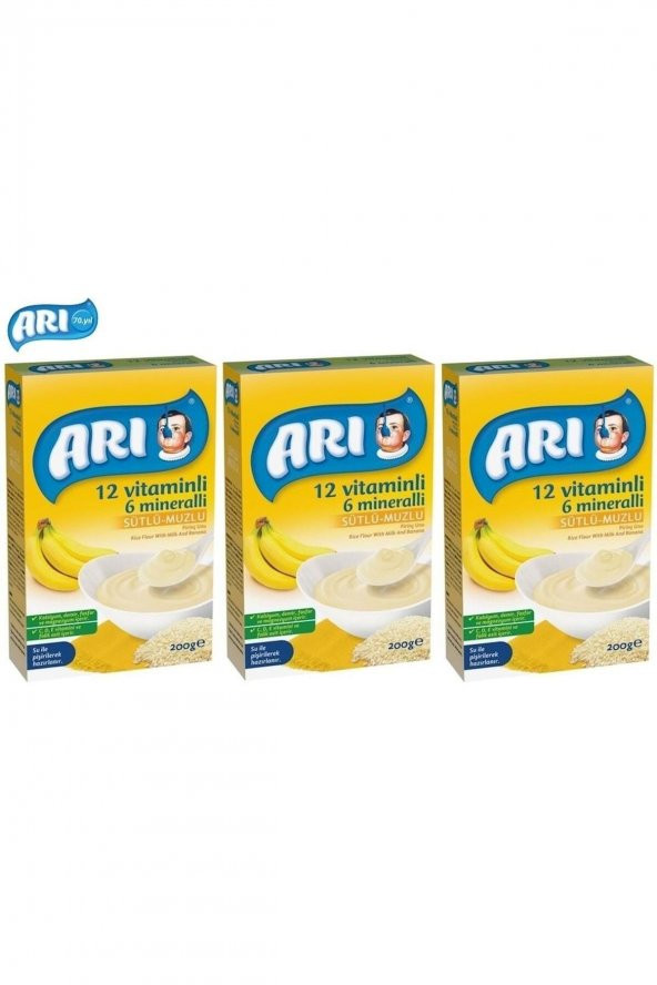 Arı Mama Pirinç Unu 200gr Sütlü-muzlu 12 Vitminli 6 Minarelli (3 Lü Set)