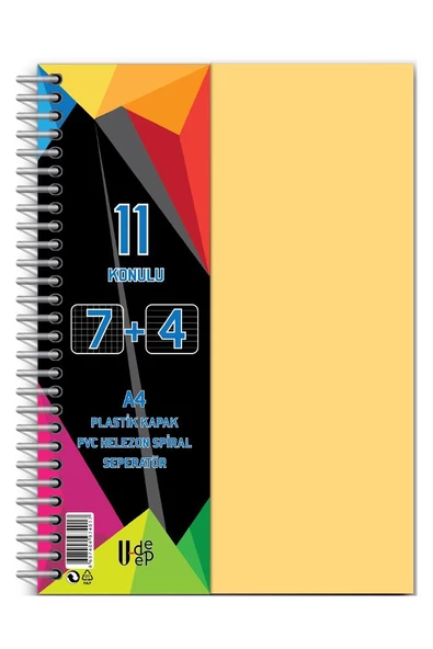 7+4 Ayraçlı Defter 11 Konulu 225 Yaprak 1 Adet 7 Kareli 4 Çizgili Spralli Plastik Kapak Seperatörlü - 7