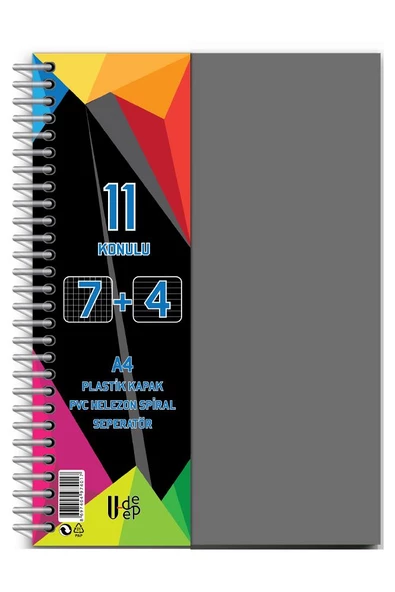 7+4 Ayraçlı Defter 11 Konulu 225 Yaprak 1 Adet 7 Kareli 4 Çizgili Spralli Plastik Kapak Seperatörlü - 6