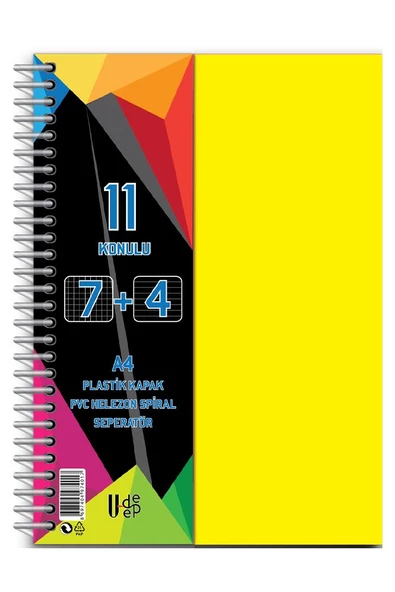 7+4 Ayraçlı Defter 11 Konulu 225 Yaprak 1 Adet 7 Kareli 4 Çizgili Spralli Plastik Kapak Seperatörlü - 8