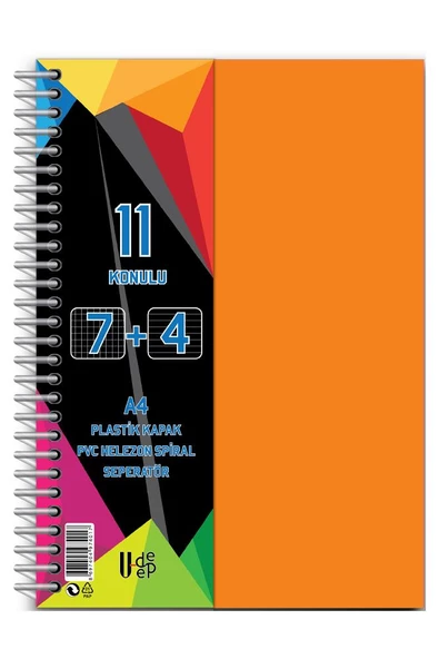 7+4 Ayraçlı Defter 11 Konulu 225 Yaprak 1 Adet 7 Kareli 4 Çizgili Spralli Plastik Kapak Seperatörlü - 9