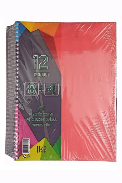 8+4 Ayraçlı Defter 12 Konulu 300 Yaprak 1 Adet 8 Kareli 4 Çizgili Spralli Plastik Kapak Seperatörlü - 2