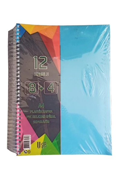 8+4 Ayraçlı Defter 12 Konulu 300 Yaprak 1 Adet 8 Kareli 4 Çizgili Spralli Plastik Kapak Seperatörlü - 4