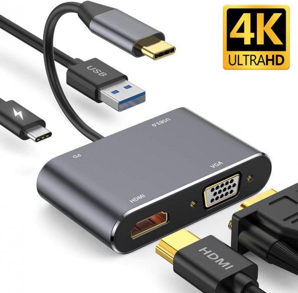 Technow CF02 Macbook Uyumlu Type-C™ To 4K Ultra Hd 1080p Hdmı/ Vga/ Pd Şarj/ USB 3.0 4IN1 Çevirici ürün görseli 1