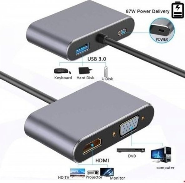 Technow CF02 Macbook Uyumlu Type-C™ To 4K Ultra Hd 1080p Hdmı/ Vga/ Pd Şarj/ USB 3.0 4IN1 Çevirici - 2